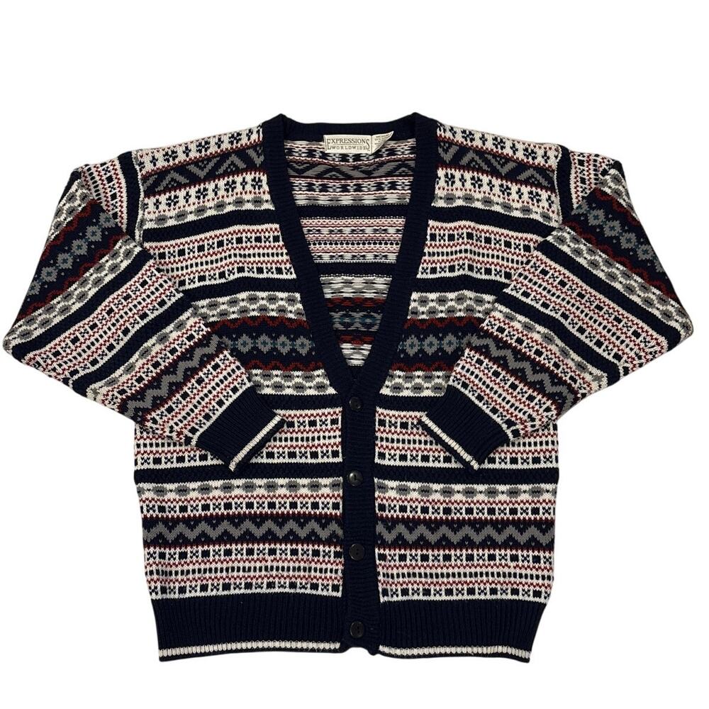Vintage Cardigan Dad Sweater Mens Size Medium Fair Isle Button Front Grandpa 90s